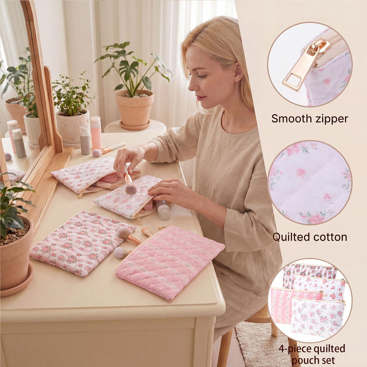 Pimoys Cotton Makeup Bag, Pink Floral Cosmetic Pouch, Zipper Travel Case - thewildfolk Pimoys Cotton Makeup Bag, Pink Floral Cosmetic Pouch, Zipper Travel Case