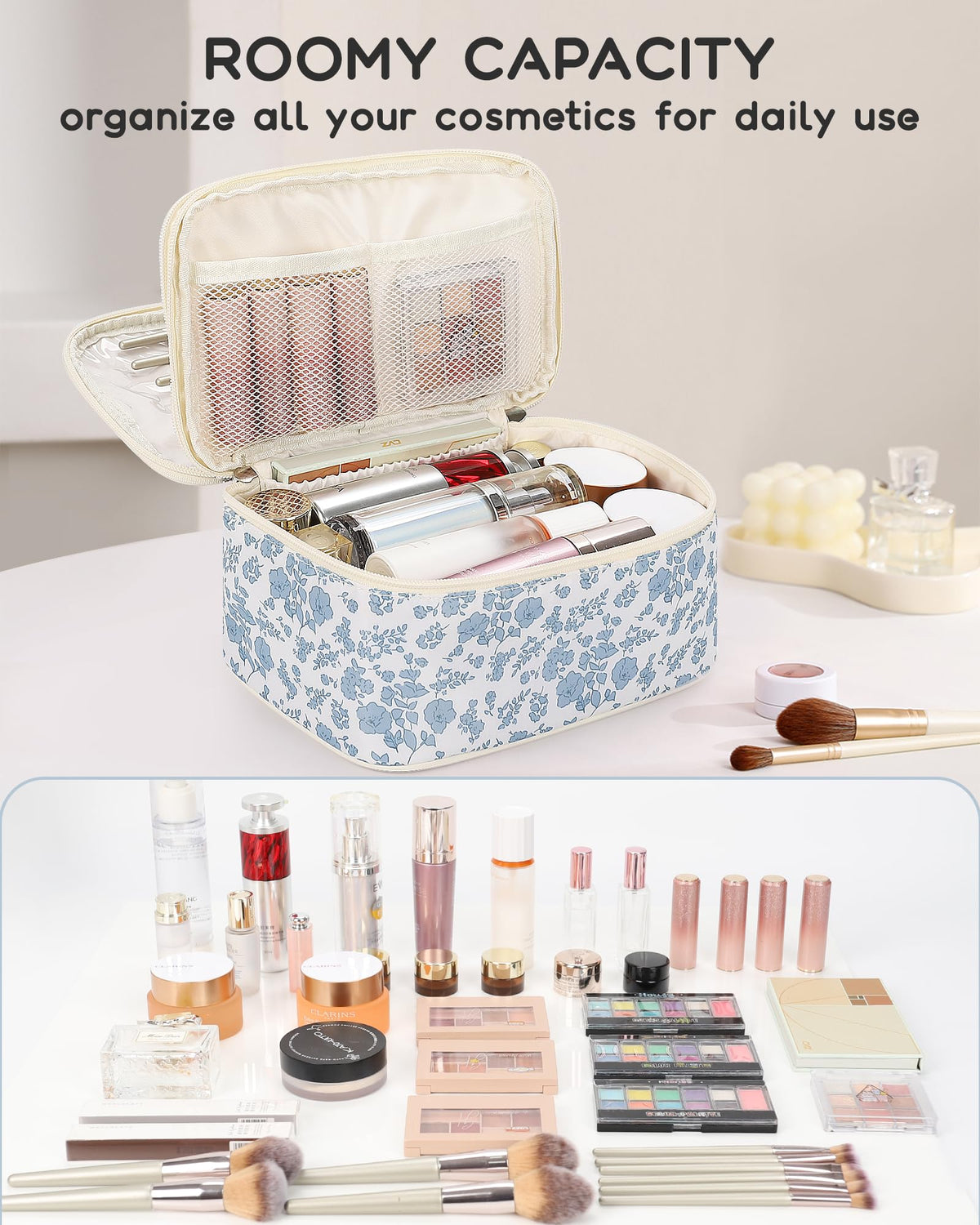 Relavel Travel Makeup Bag, Floral Cosmetic Bag with Brush Compartment - thewildfolk Relavel Travel Makeup Bag, Floral Cosmetic Bag with Brush Compartment