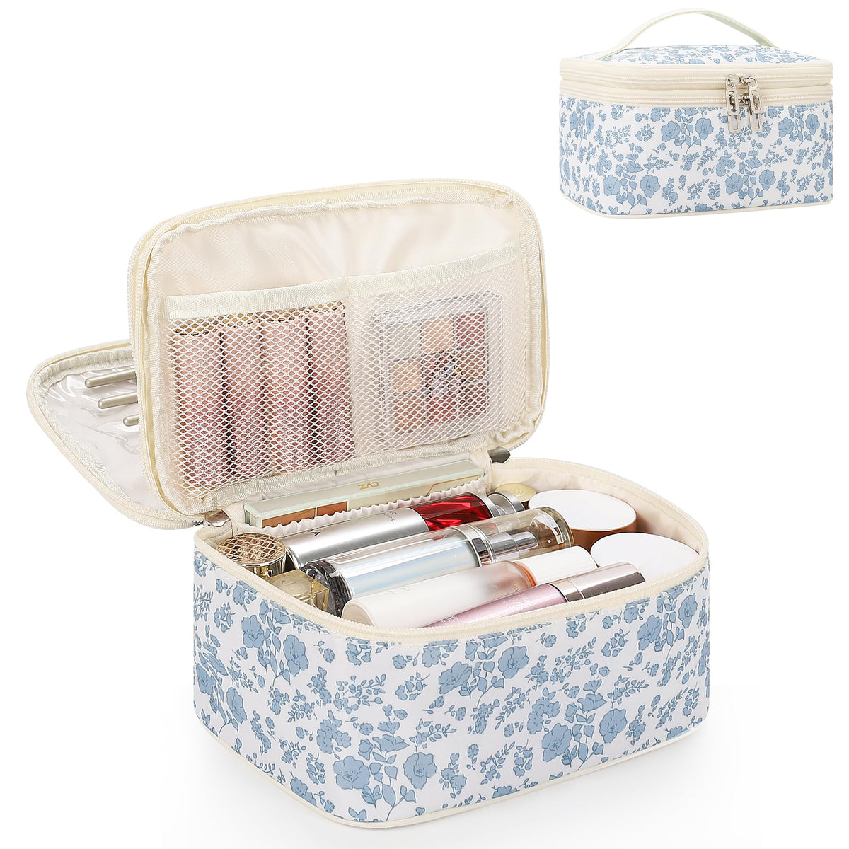 Relavel Travel Makeup Bag, Floral Cosmetic Bag with Brush Compartment - thewildfolk Relavel Travel Makeup Bag, Floral Cosmetic Bag with Brush Compartment