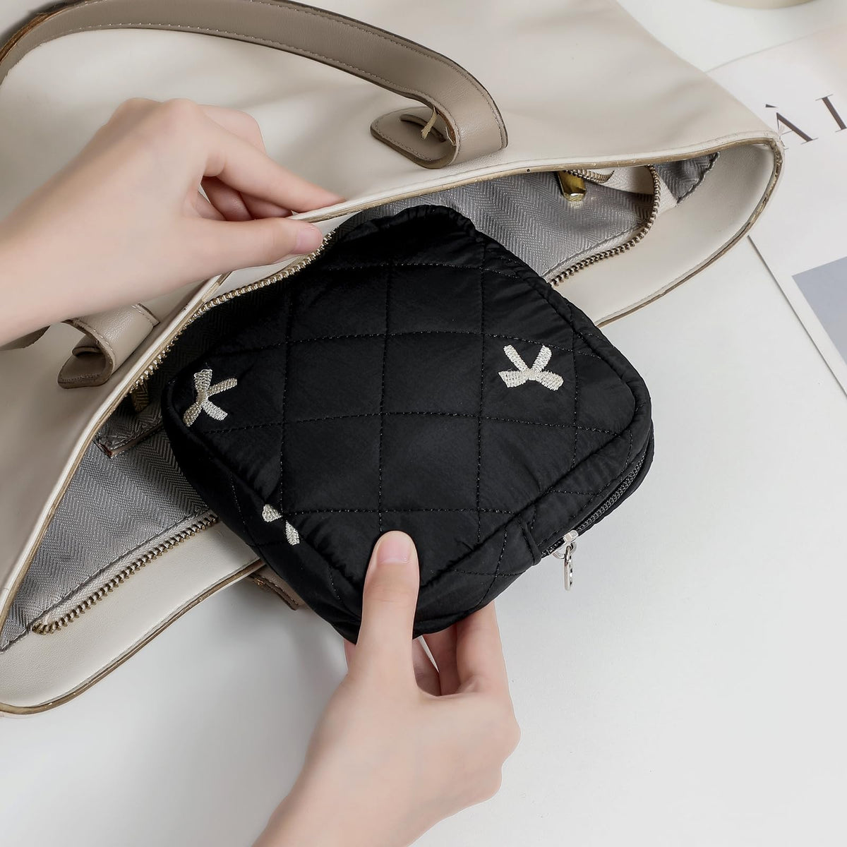 RSRSLEII Mini Quilted Makeup Pouch for Purse, 08Black Bow - thewildfolk RSRSLEII Mini Quilted Makeup Pouch for Purse, 08Black Bow