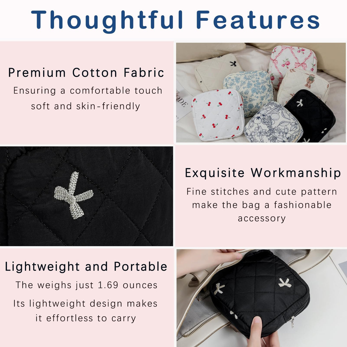 RSRSLEII Mini Quilted Makeup Pouch for Purse, 08Black Bow - thewildfolk RSRSLEII Mini Quilted Makeup Pouch for Purse, 08Black Bow
