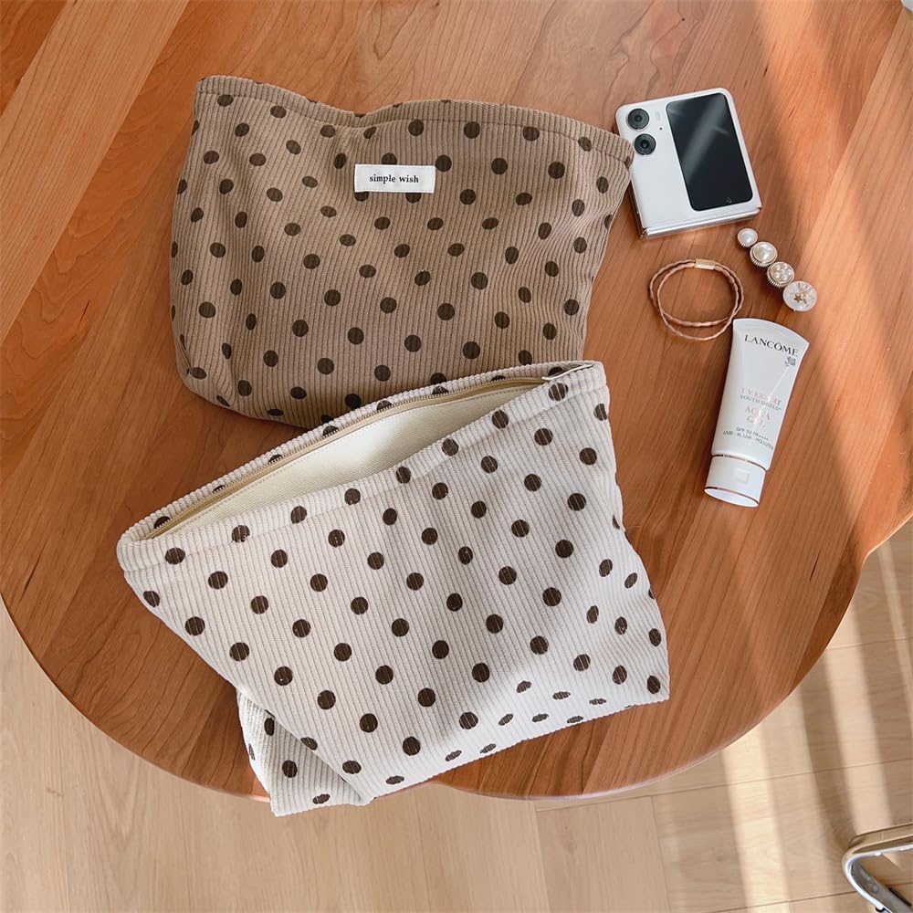 Sminra Polka Dot Corduroy Makeup Bag for Purse, Cosmetic Zipper Pouch Begie - thewildfolk Sminra Polka Dot Corduroy Makeup Bag for Purse, Cosmetic Zipper Pouch Begie