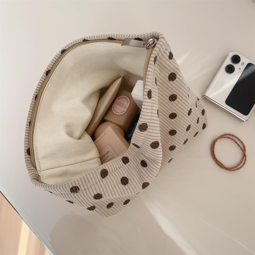 Sminra Polka Dot Corduroy Makeup Bag for Purse, Cosmetic Zipper Pouch Begie - thewildfolk Sminra Polka Dot Corduroy Makeup Bag for Purse, Cosmetic Zipper Pouch Begie