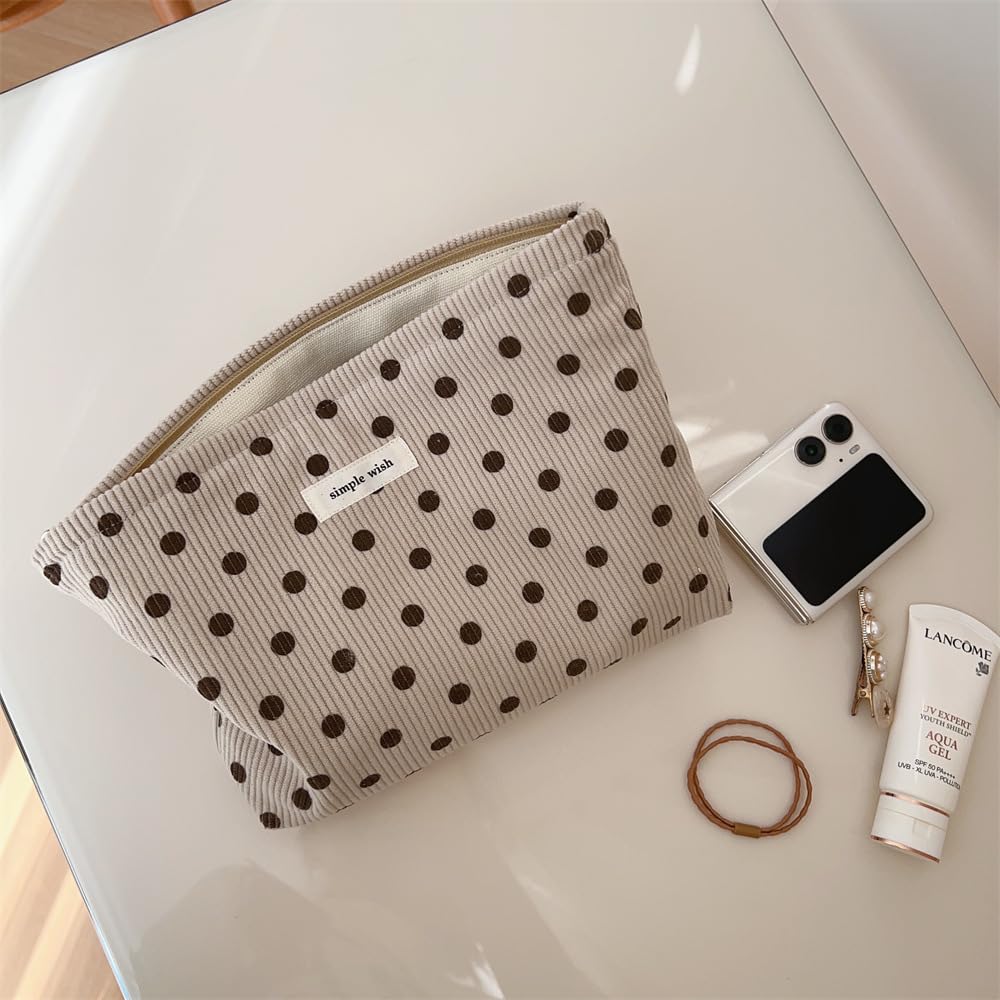 Sminra Polka Dot Corduroy Makeup Bag for Purse, Cosmetic Zipper Pouch Begie - thewildfolk Sminra Polka Dot Corduroy Makeup Bag for Purse, Cosmetic Zipper Pouch Begie