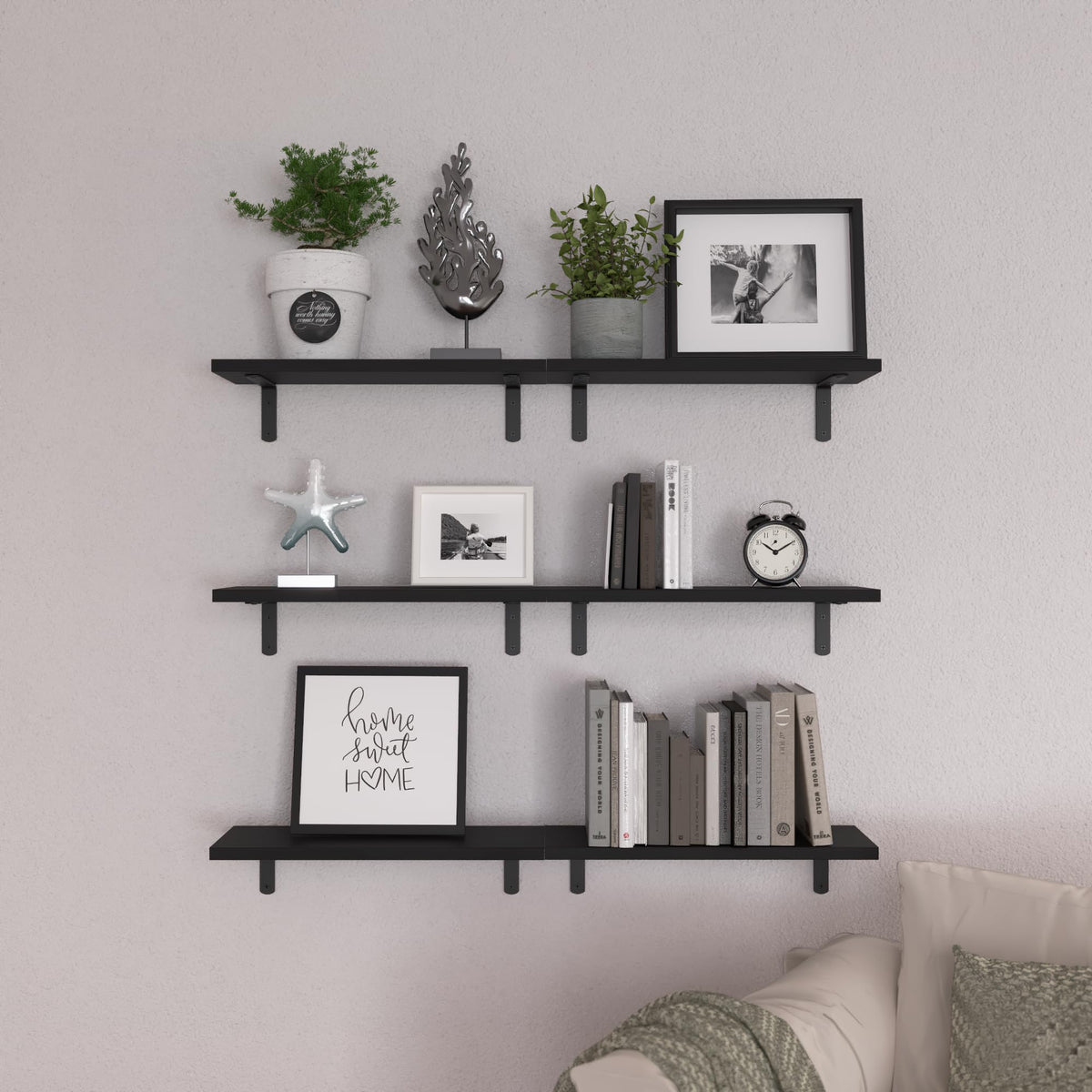 WOPITUES Floating Shelves Set of 6 for Wall Decor & Storage, Black - thewildfolk WOPITUES Floating Shelves Set of 6 for Wall Decor & Storage, Black
