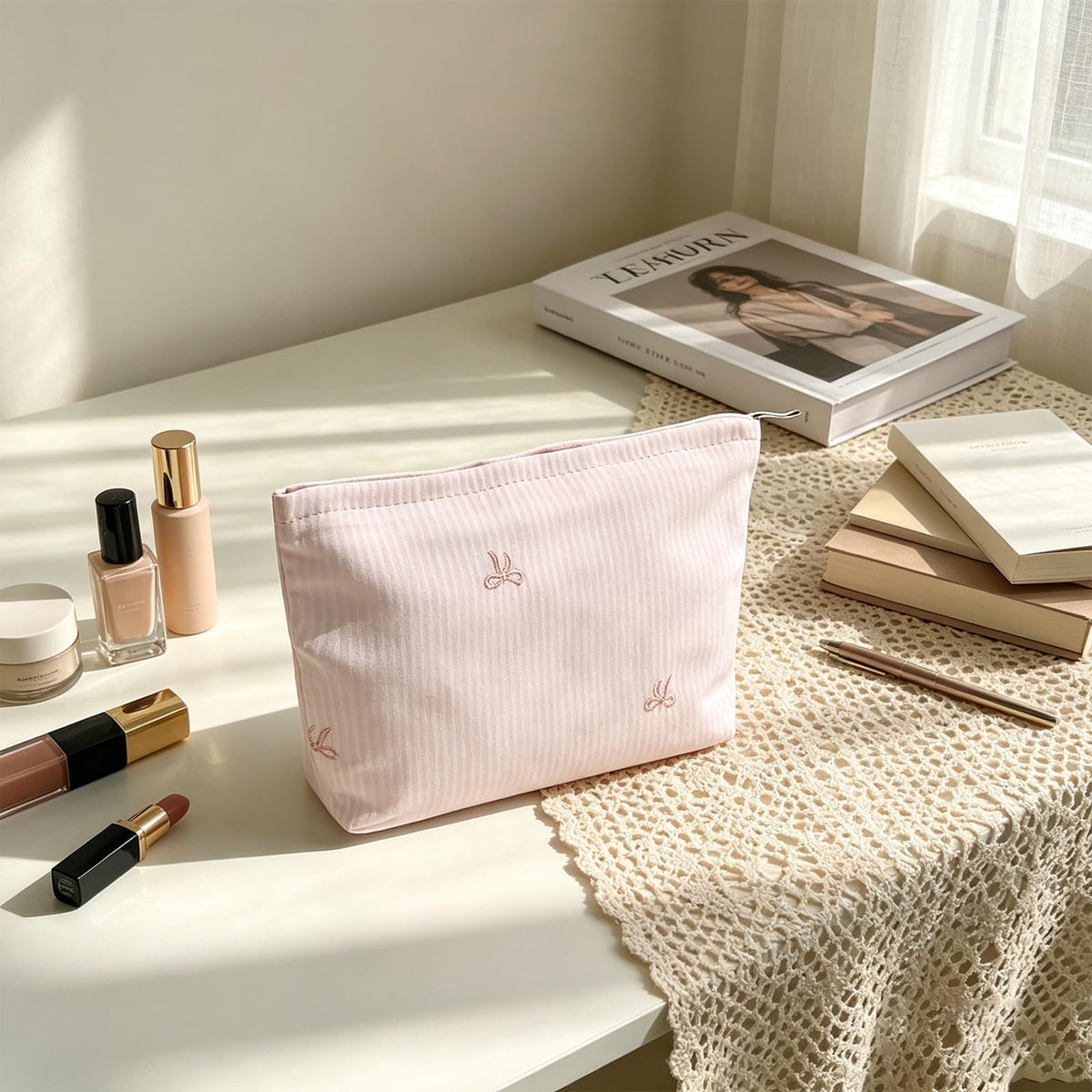 Wudygirl 2 Pcs Travel Makeup Bag Pink Striped Bow - thewildfolk Wudygirl 2 Pcs Travel Makeup Bag Pink Striped Bow