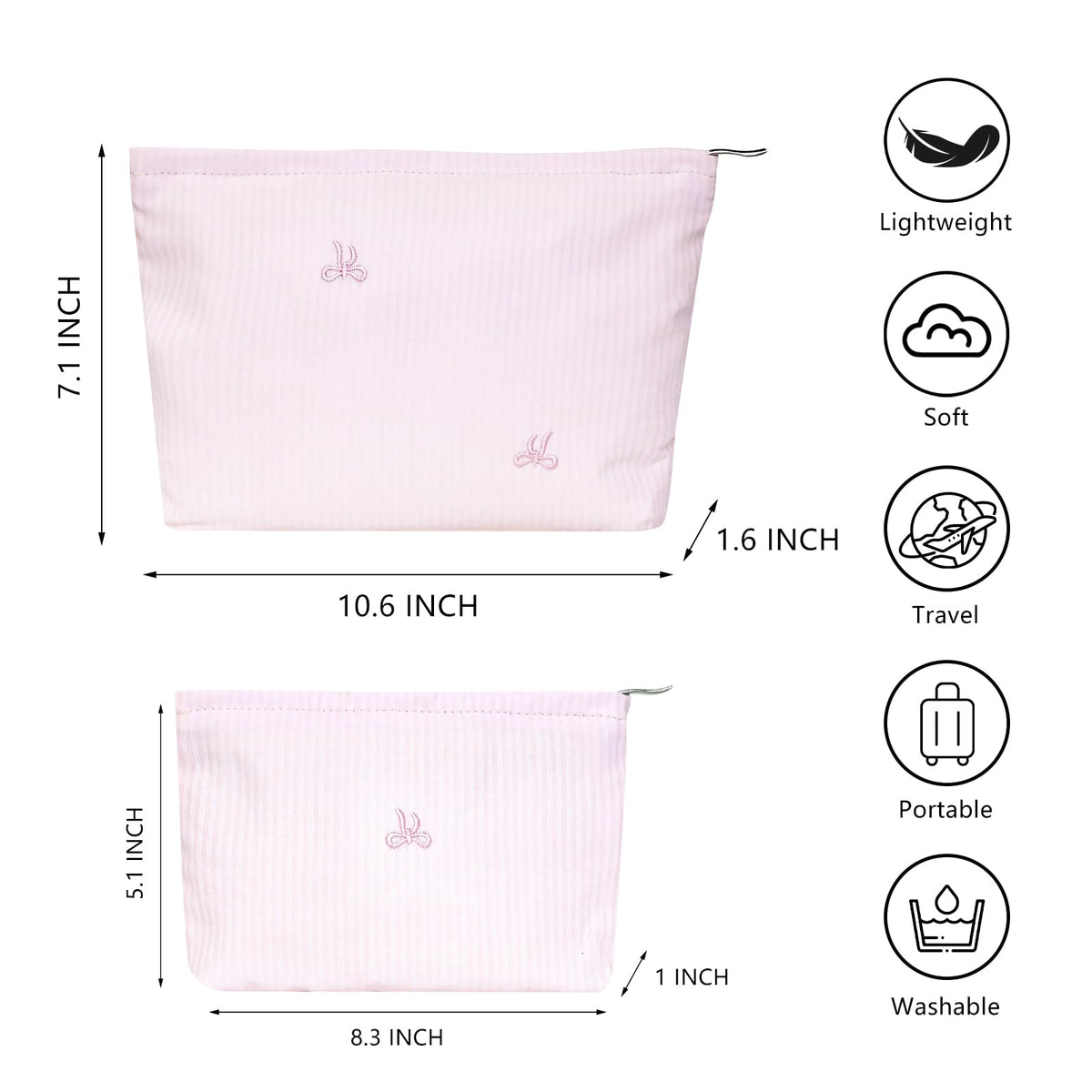 Wudygirl 2 Pcs Travel Makeup Bag Pink Striped Bow - thewildfolk Wudygirl 2 Pcs Travel Makeup Bag Pink Striped Bow