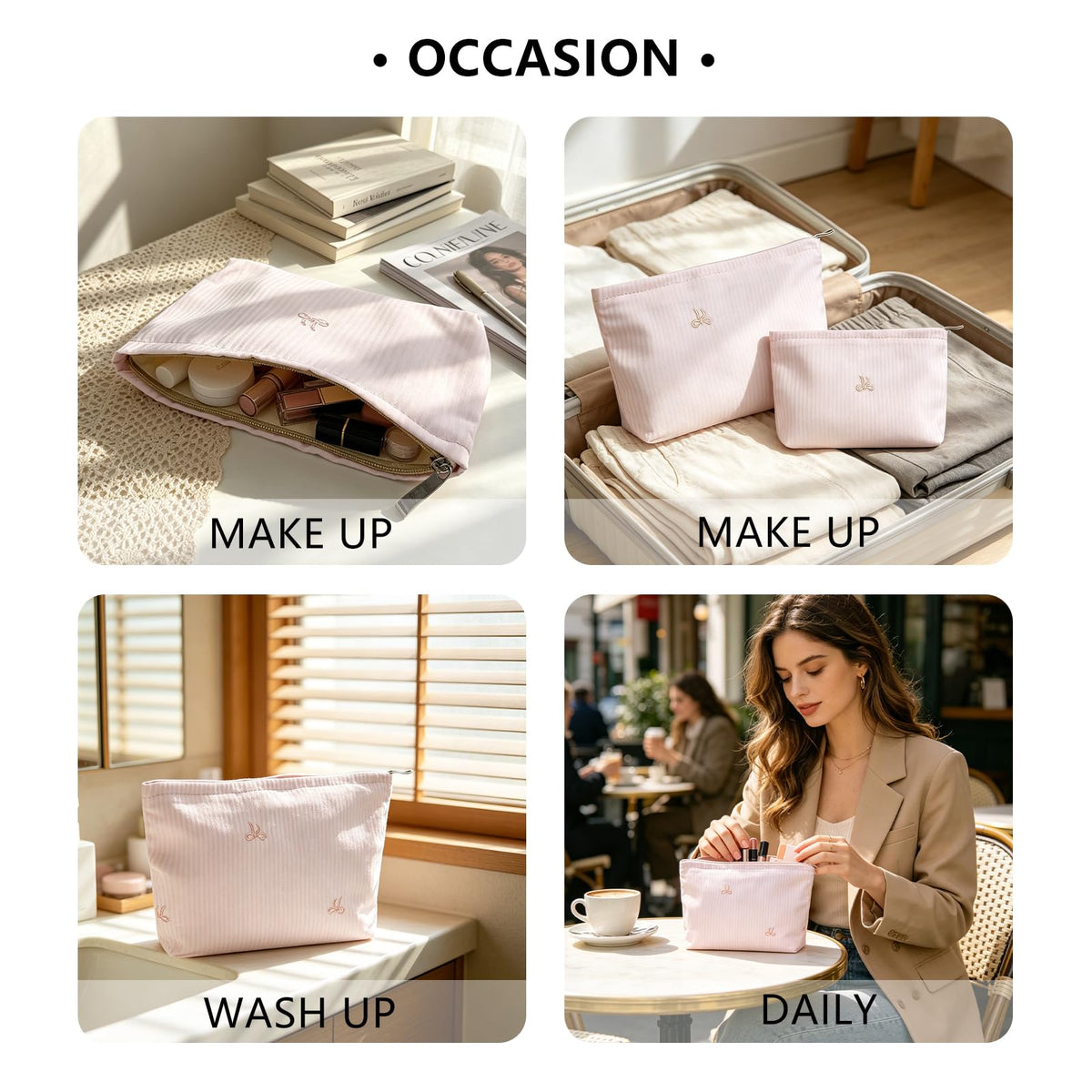 Wudygirl 2 Pcs Travel Makeup Bag Pink Striped Bow - thewildfolk Wudygirl 2 Pcs Travel Makeup Bag Pink Striped Bow