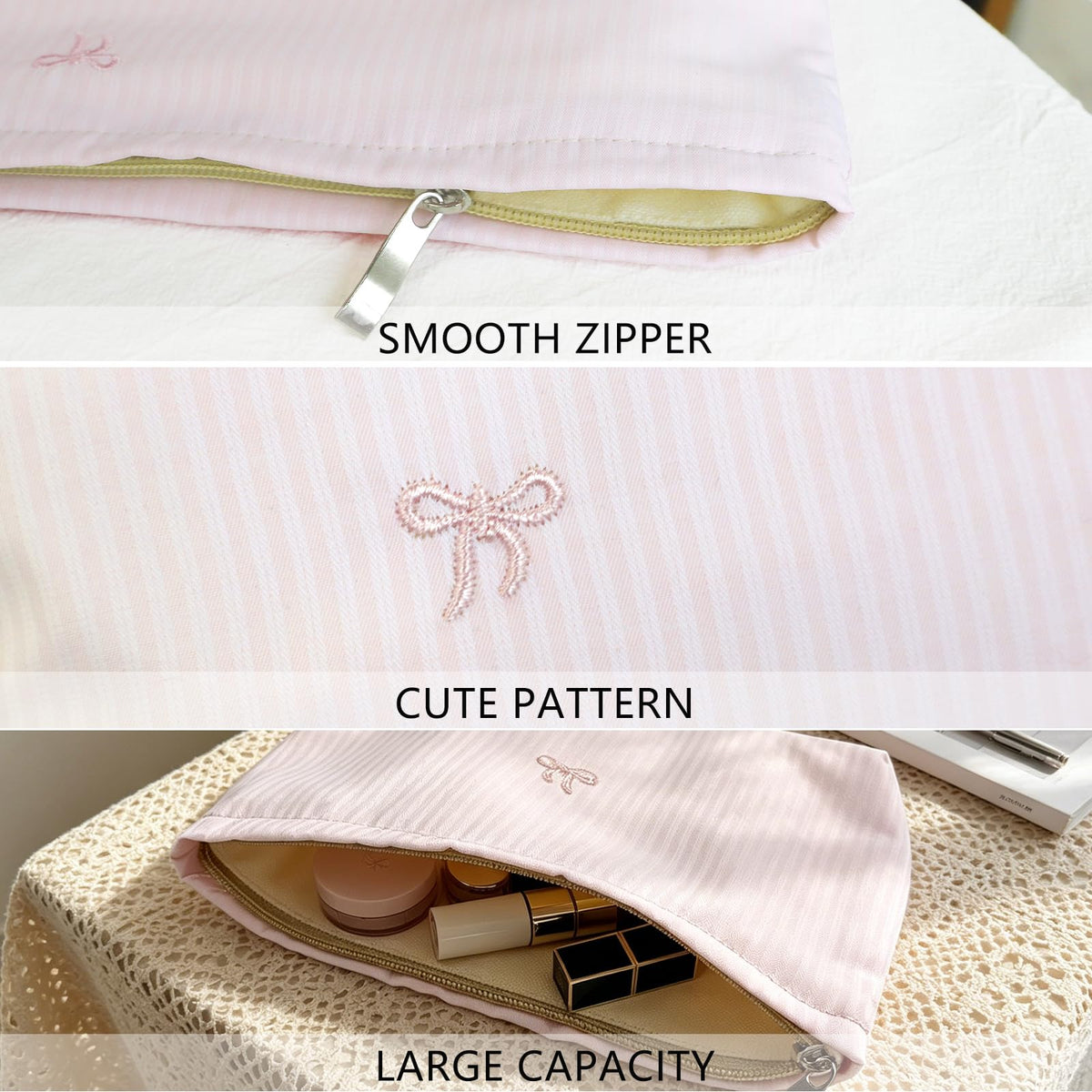 Wudygirl 2 Pcs Travel Makeup Bag Pink Striped Bow - thewildfolk Wudygirl 2 Pcs Travel Makeup Bag Pink Striped Bow