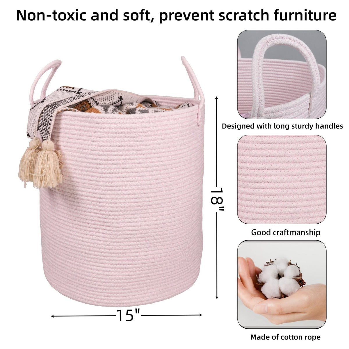 XUANGUO Cotton Rope Laundry Basket Hamper for Girls Kids Baby Nursery Pink - thewildfolk XUANGUO Cotton Rope Laundry Basket Hamper for Girls Kids Baby Nursery Pink